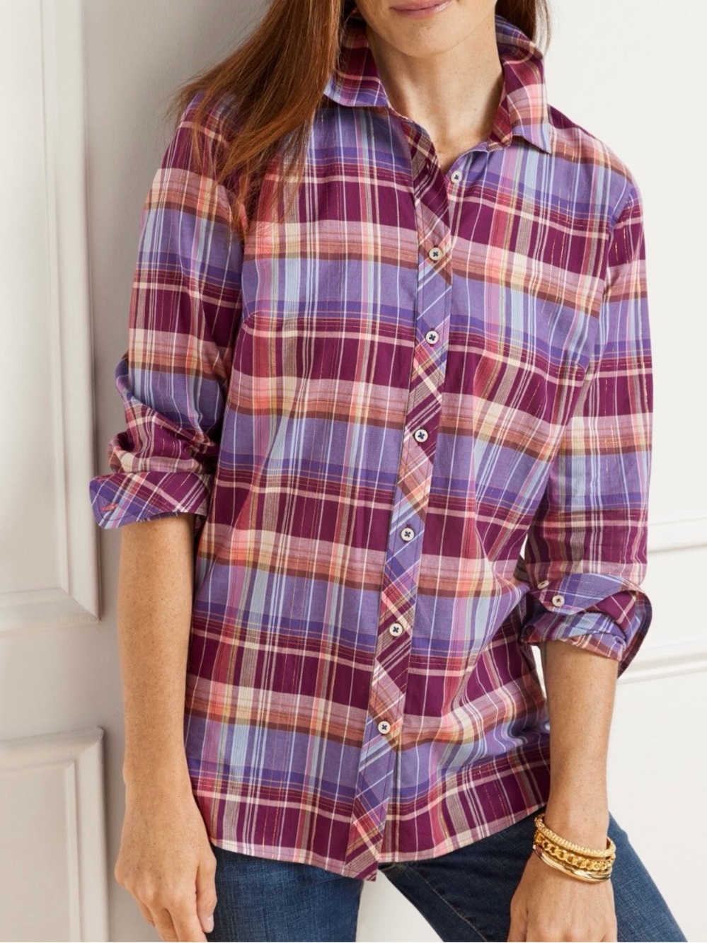 Talbots Plaid Button-Down Shirt in Burgundy, Blue & Cream